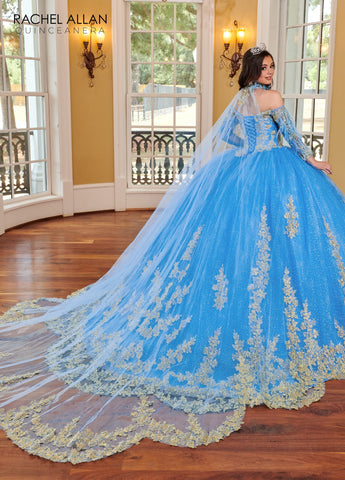 Quinceanera-Kleid mit Feder-Cape-Ärmeln von Rachel Allan RQ2167