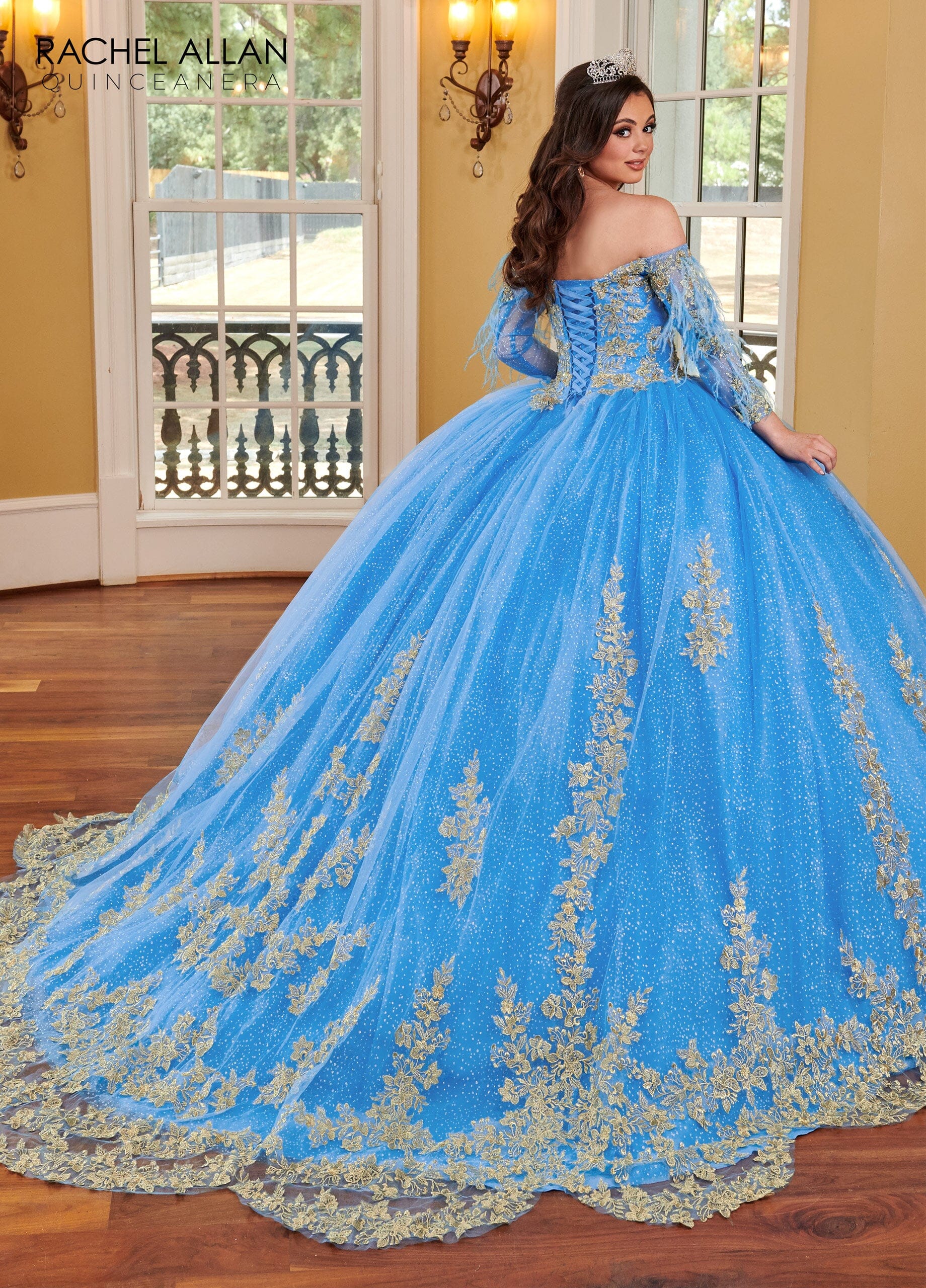 Feather Cape Sleeve Quinceanera Dress by Rachel Allan RQ2167