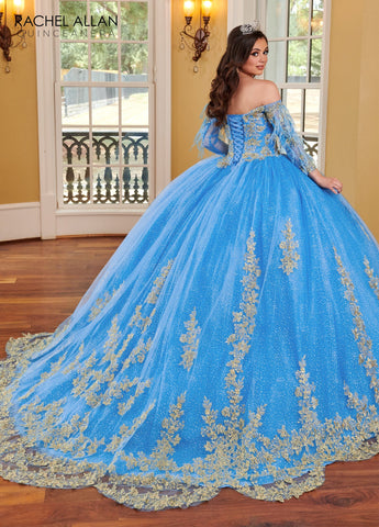 Quinceanera-Kleid mit Feder-Cape-Ärmeln von Rachel Allan RQ2167