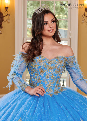 Quinceanera-Kleid mit Feder-Cape-Ärmeln von Rachel Allan RQ2167
