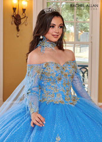 Quinceanera-Kleid mit Feder-Cape-Ärmeln von Rachel Allan RQ2167