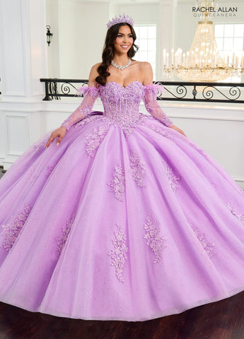 Quinceanera-Kleid mit langen Federärmeln von Rachel Allan RQ2171