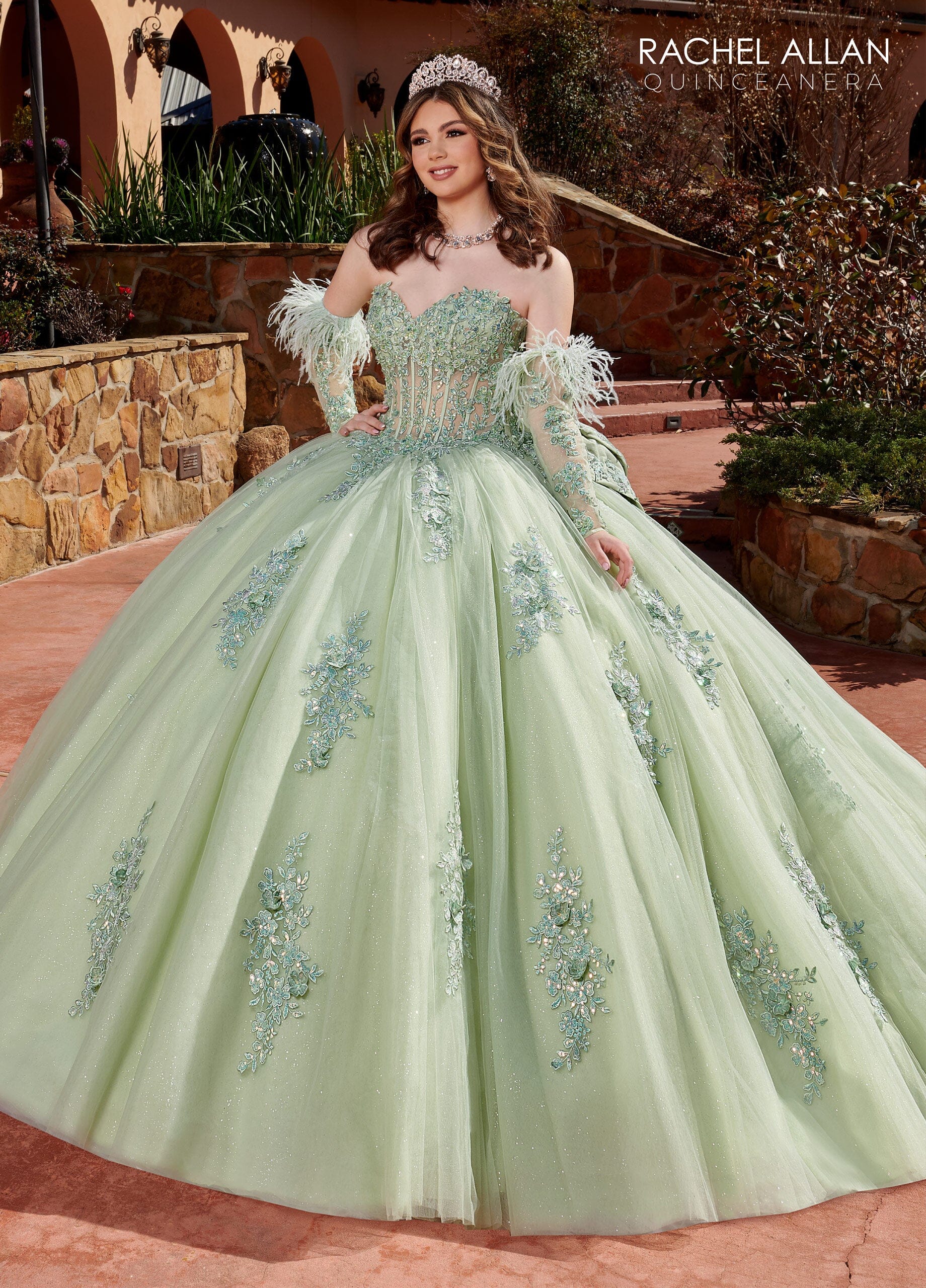 Feather Long Sleeve Quinceanera Dress by Rachel Allan RQ2171