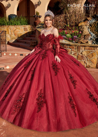 Quinceanera-Kleid mit langen Federärmeln von Rachel Allan RQ2171