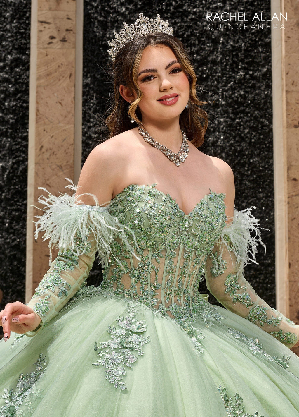 Feather Long Sleeve Quinceanera Dress by Rachel Allan RQ2171