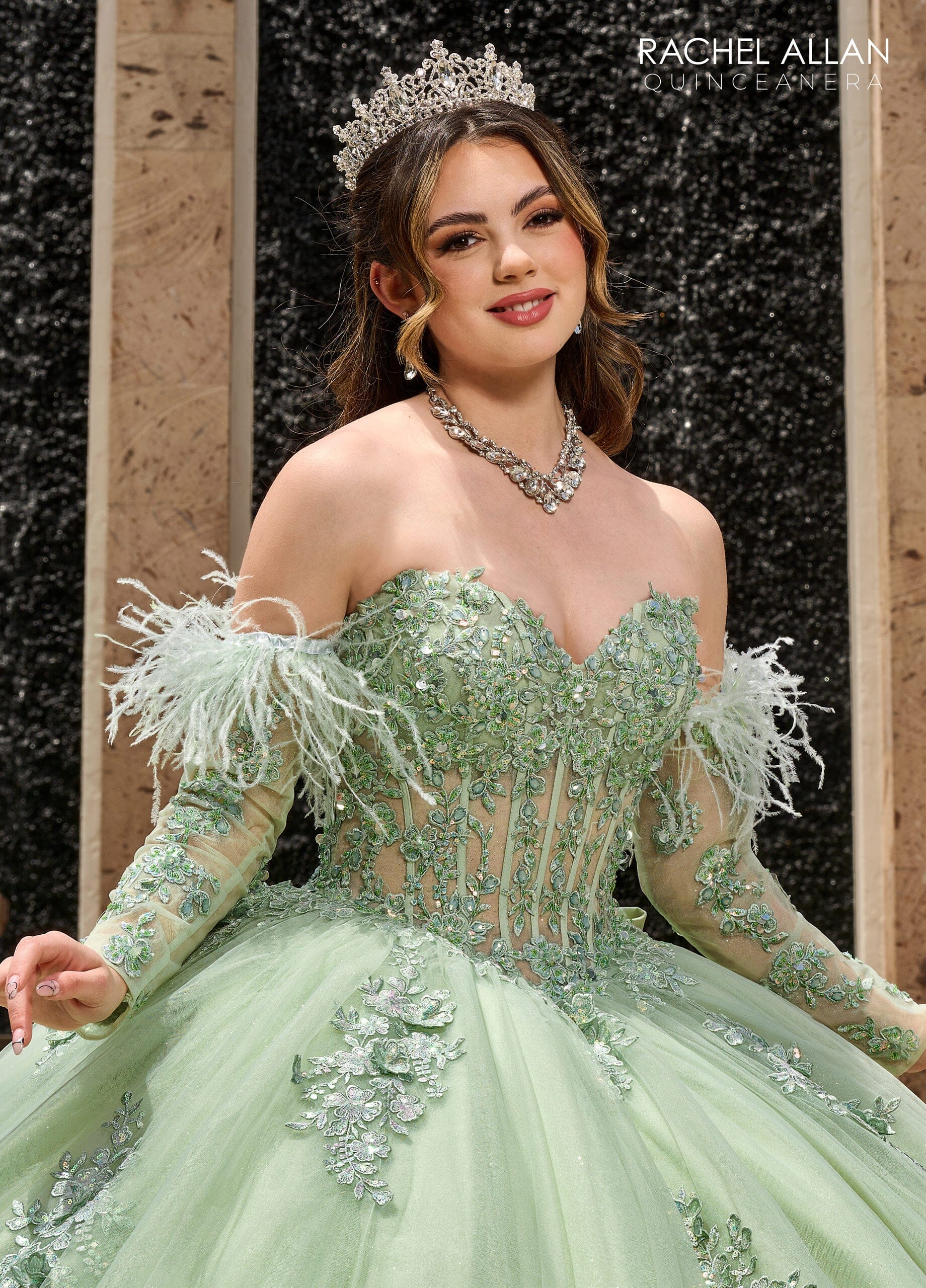 Feather Long Sleeve Quinceanera Dress by Rachel Allan RQ2171