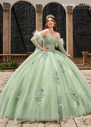 Quinceanera-Kleid mit langen Federärmeln von Rachel Allan RQ2171