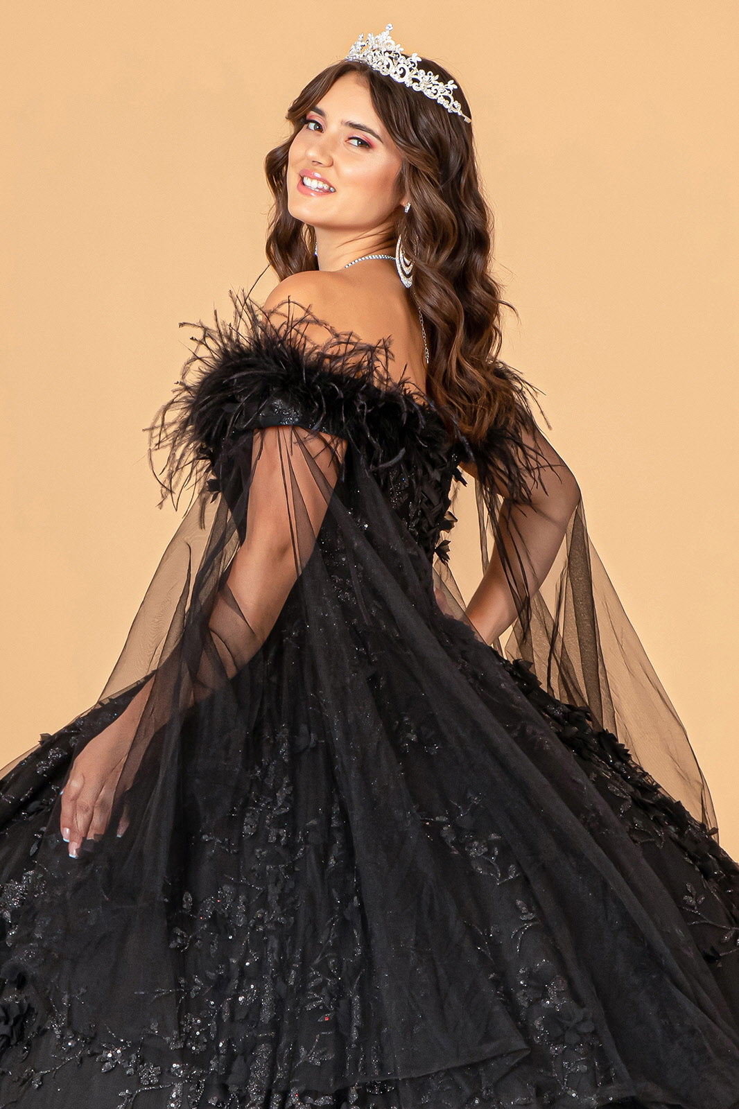 Feather Off Shoulder Ball Gown by Elizabeth K GL3101