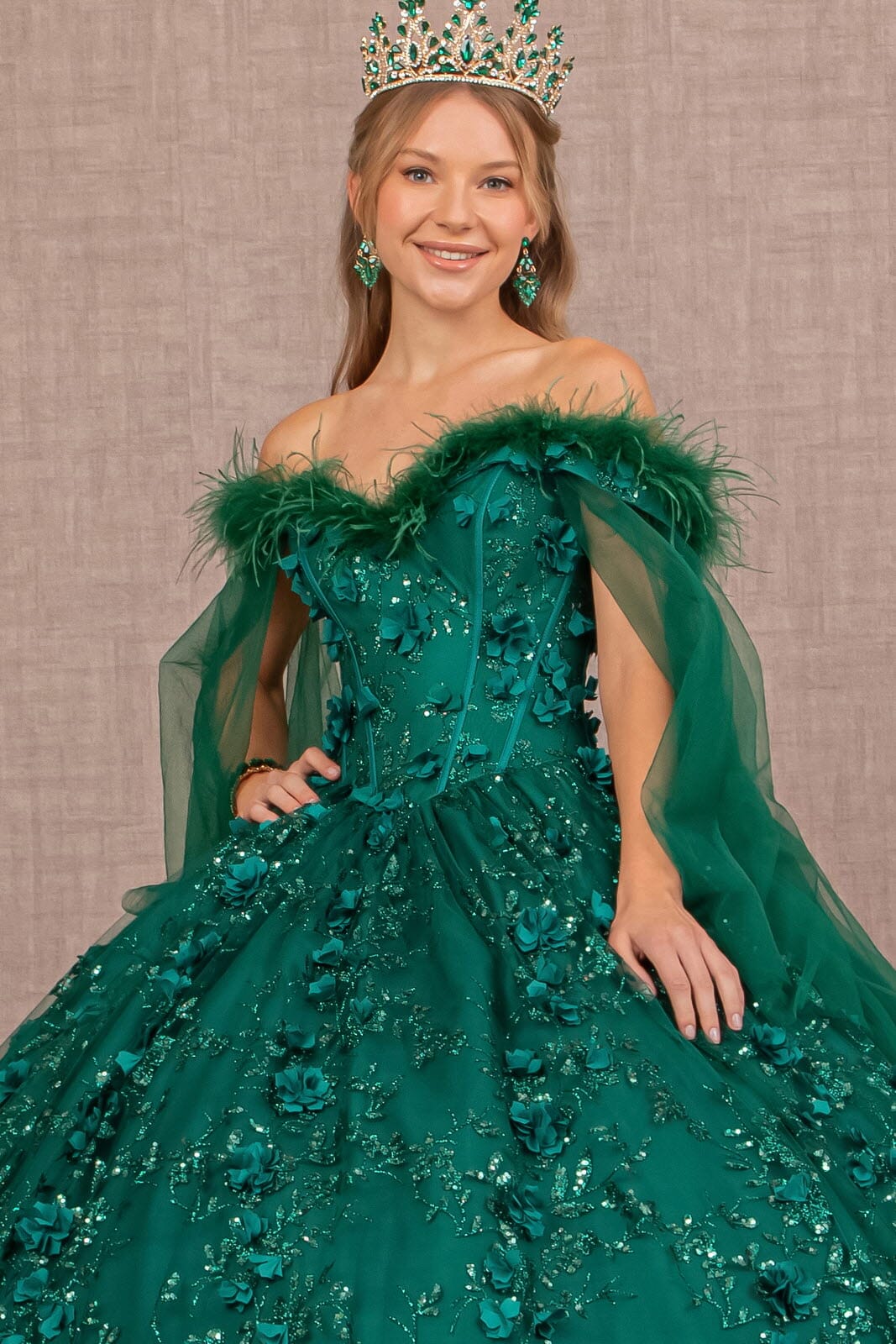 Feather Off Shoulder Ball Gown by Elizabeth K GL3101