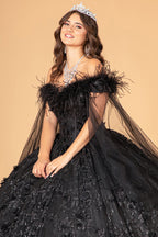 Feather Off Shoulder Ball Gown by Elizabeth K GL3101