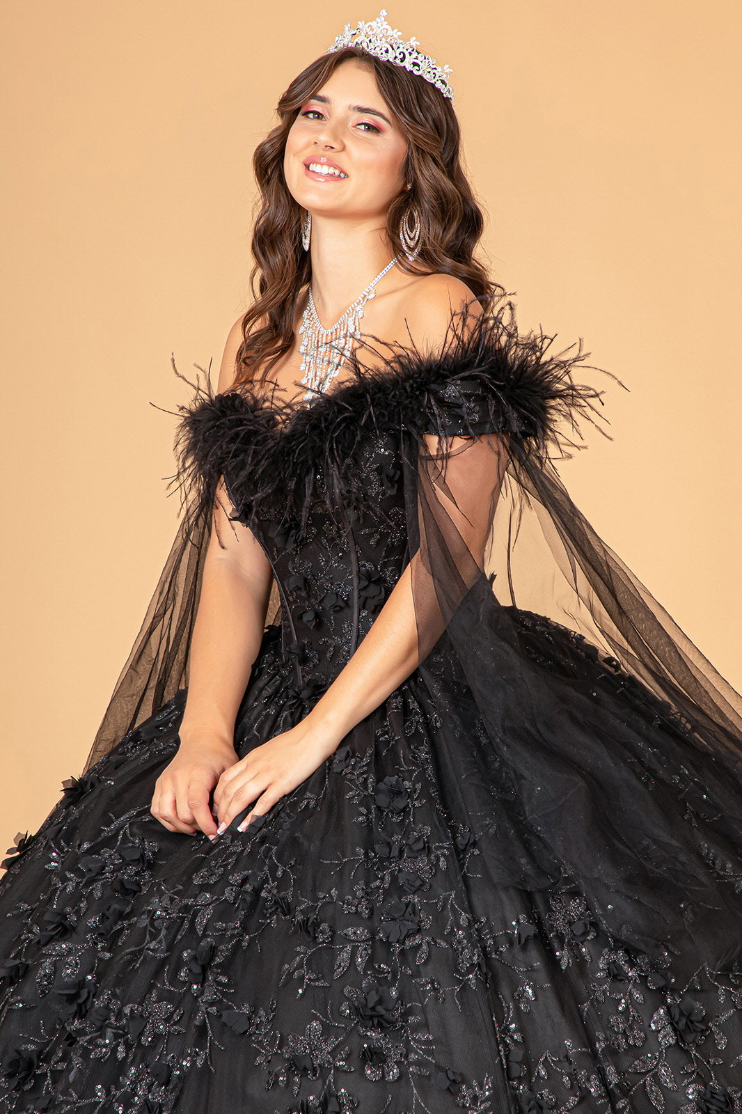 Feather Off Shoulder Ball Gown by Elizabeth K GL3101