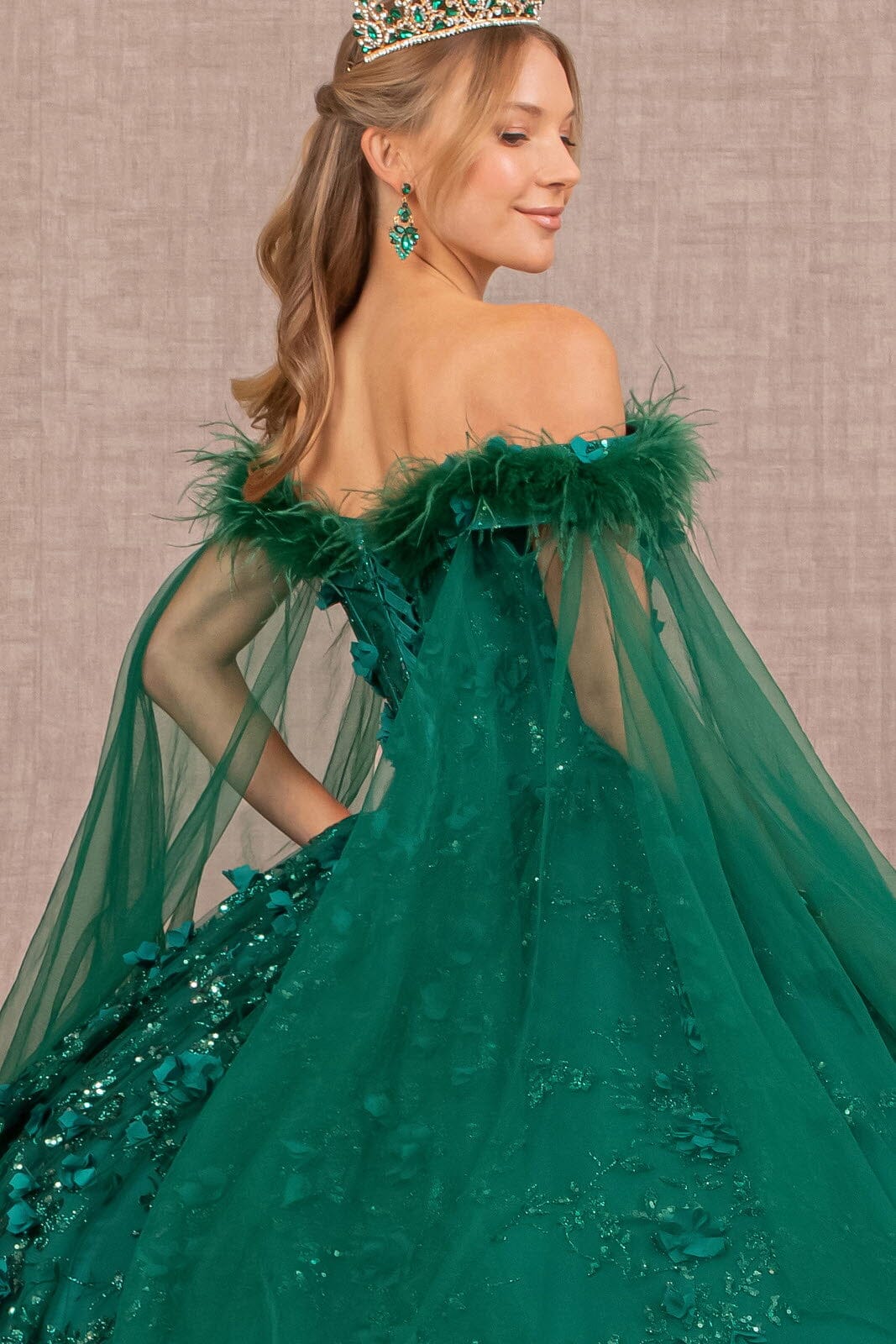 Feather Off Shoulder Ball Gown by Elizabeth K GL3101