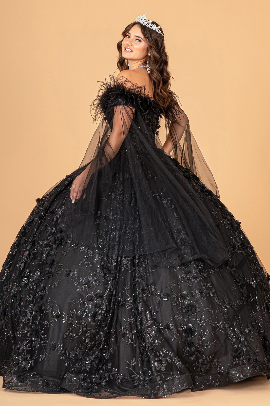 Feather Off Shoulder Ball Gown by Elizabeth K GL3101