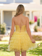Strapless Tiered Ruffle Tulle Short Homecoming Dress With Flowers
