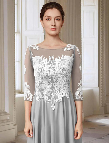Elegantes Kleid für formelle Hochzeitsgäste mit rundem Ausschnitt, asymmetrischer Knöchellänge, Chiffon-Spitze, 3/4-Ärmel mit Applikationen, Mutter der Braut