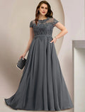 Kleider für die Brautmutter, Übergröße, geschwungen, Bauch verbergen, Hochzeitsgast, Party, elegant, Rundhalsausschnitt, bodenlang, Chiffon, Spitze, kurze Ärmel mit Falten, Pailletten