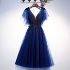 Blaues V-Ausschnitt-Tüll-Kurz-Kleid für den Homecoming-Abend S94