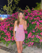 Vestido de Fiesta Corto y Brillante en Rosa con Tirantes Ajustados Modelo Y1288