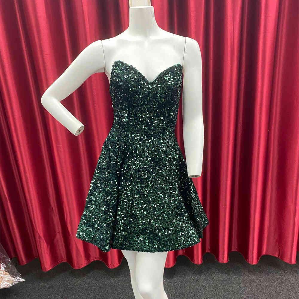 Vestido de Baile de Regreso al Hogar en Línea A con Lentejuelas Verde Oscuro Corazón Dulce Y1409