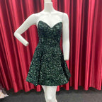 Vestido de Baile de Regreso al Hogar en Línea A con Lentejuelas Verde Oscuro Corazón Dulce Y1409