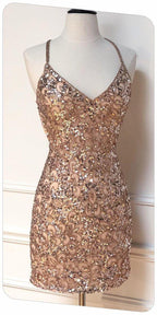 Enges Glitzer V-Ausschnitt Pailletten Partykleid Sexy Homecoming-Kleid Y1419