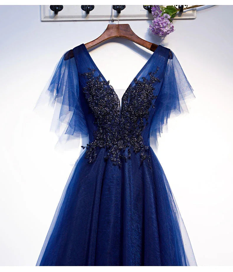 Blaues V-Ausschnitt-Tüll-Kurz-Kleid für den Homecoming-Abend S94