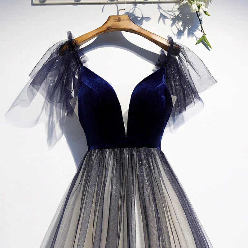 Blaues V-Ausschnitt Samttop mit Tüll kurzes Homecoming-Kleid S98