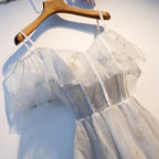 Vestido curto de tule cinzento fofo para baile de finalistas s96