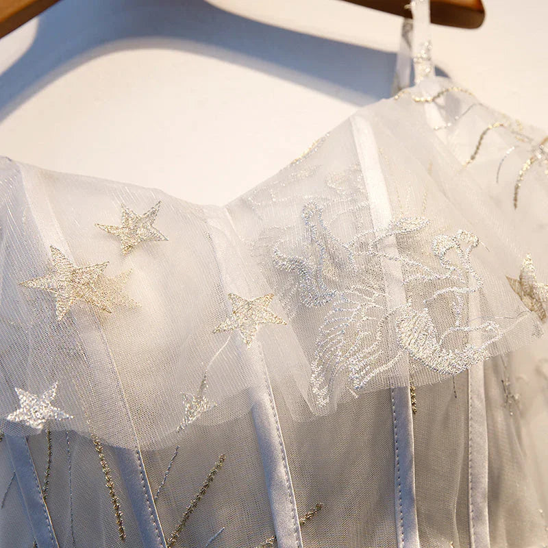 Vestido curto de tule cinzento fofo para baile de finalistas s96