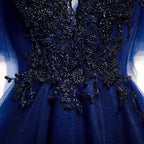 Blaues V-Ausschnitt-Tüll-Kurz-Kleid für den Homecoming-Abend S94