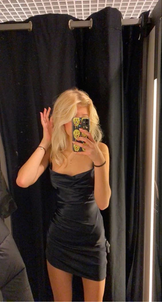 Vestido Corto Negro Elegante de Cuello Redondo con Tirantes Finos Sexy para Mujer Y1310 para Fiesta en Casa