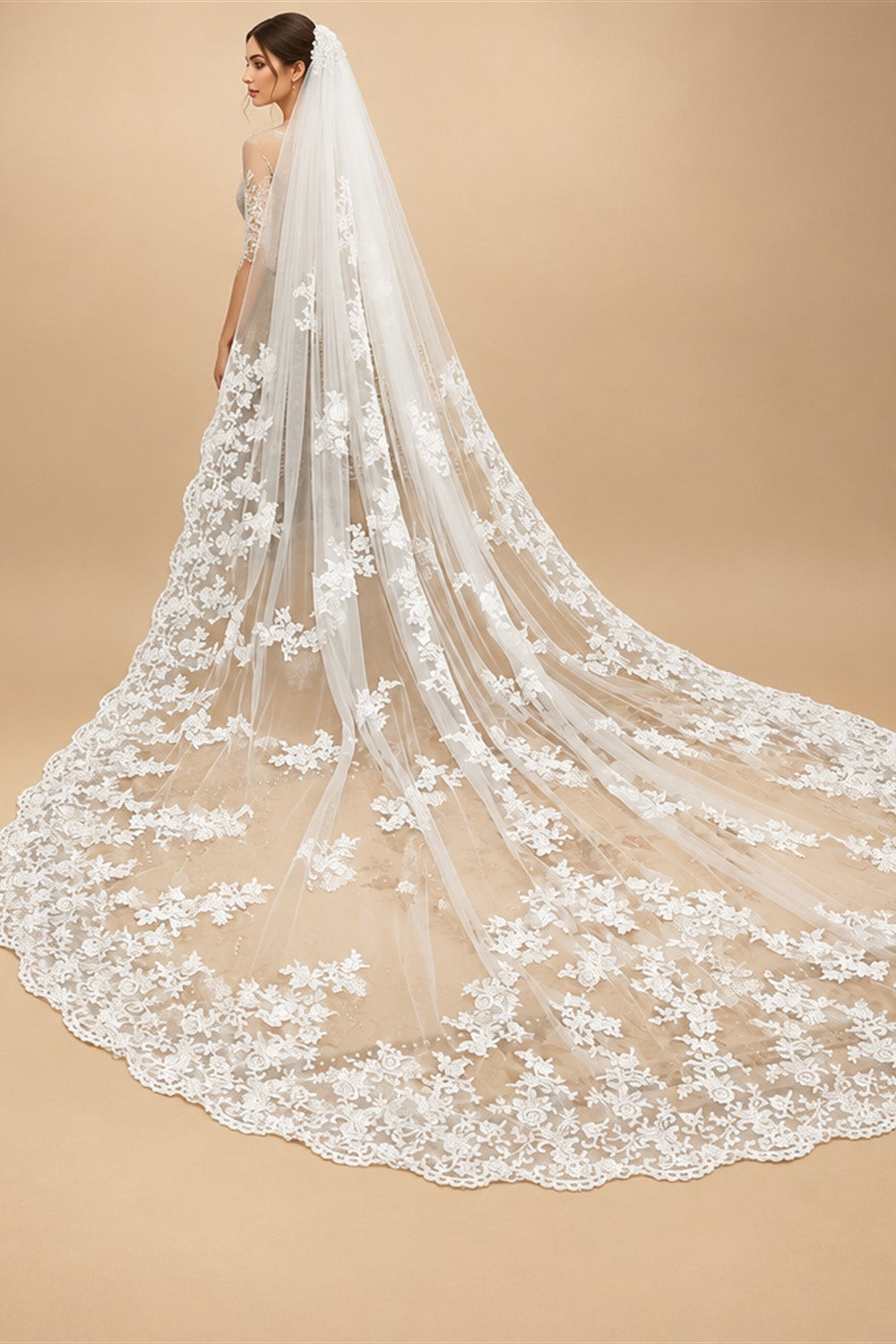 Cathedral Length Bridal Veil 1 Layer Wide Lace Veil with Metal Comb New Pattern for Wedding Real Photo