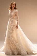 A-Line Boho Wedding Dresses O-Neck Long Sleeve Vestido De Novia Lace Appliques Pearls Sequined Custom Made Bridal Gown | Nightbubo