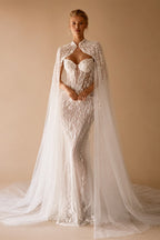 Luxury Sparkling Beaded Lace Wedding Dress With Cape Elegant Mermaid Long Bridal Gown Customized Illusion Dresses For Bride