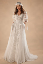 Bohemian Lace & Chiffon A-Line Wedding Dress Puff Sleeves Pockets Bridal Gown Vestido De Novia Boda 2026 Customized | Nightbubo