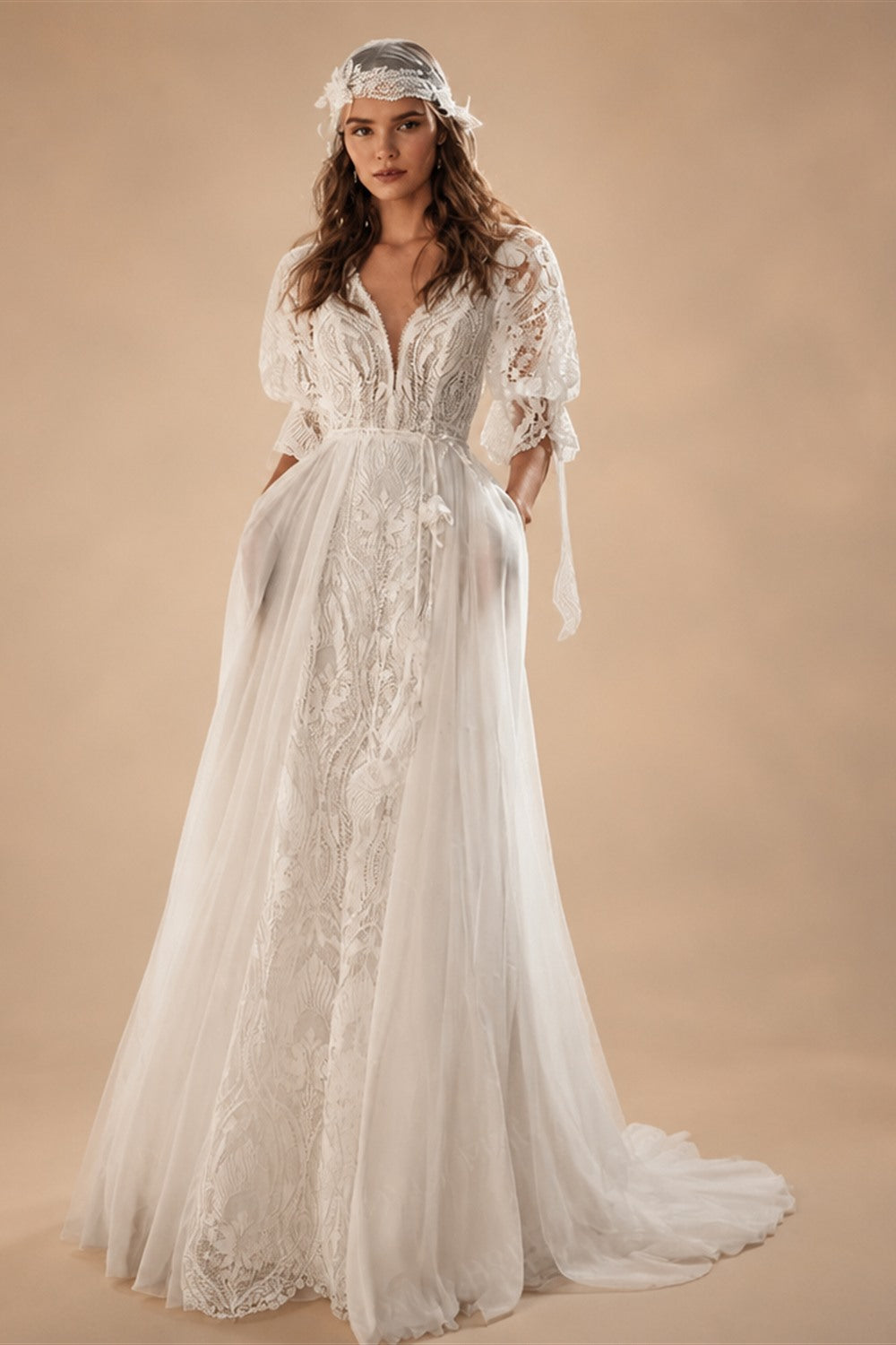 Bohemian Lace & Chiffon A-Line Wedding Dress Puff Sleeves Pockets Bridal Gown Vestido De Novia Boda 2026 Customized | Nightbubo