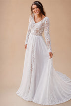 Beach Boho Wedding Dress Lace Long Sleeves Backless Floor Length Robe De Mariee Brides Chiffon A-line Bridal Gowns Sweep Train
