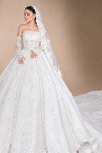 Customized Luxury Sequins Lace Applique Ball Gown Wedding Dress Off Shoulder Appliques Long Sleeve Bridal Gown | Nightbubo
