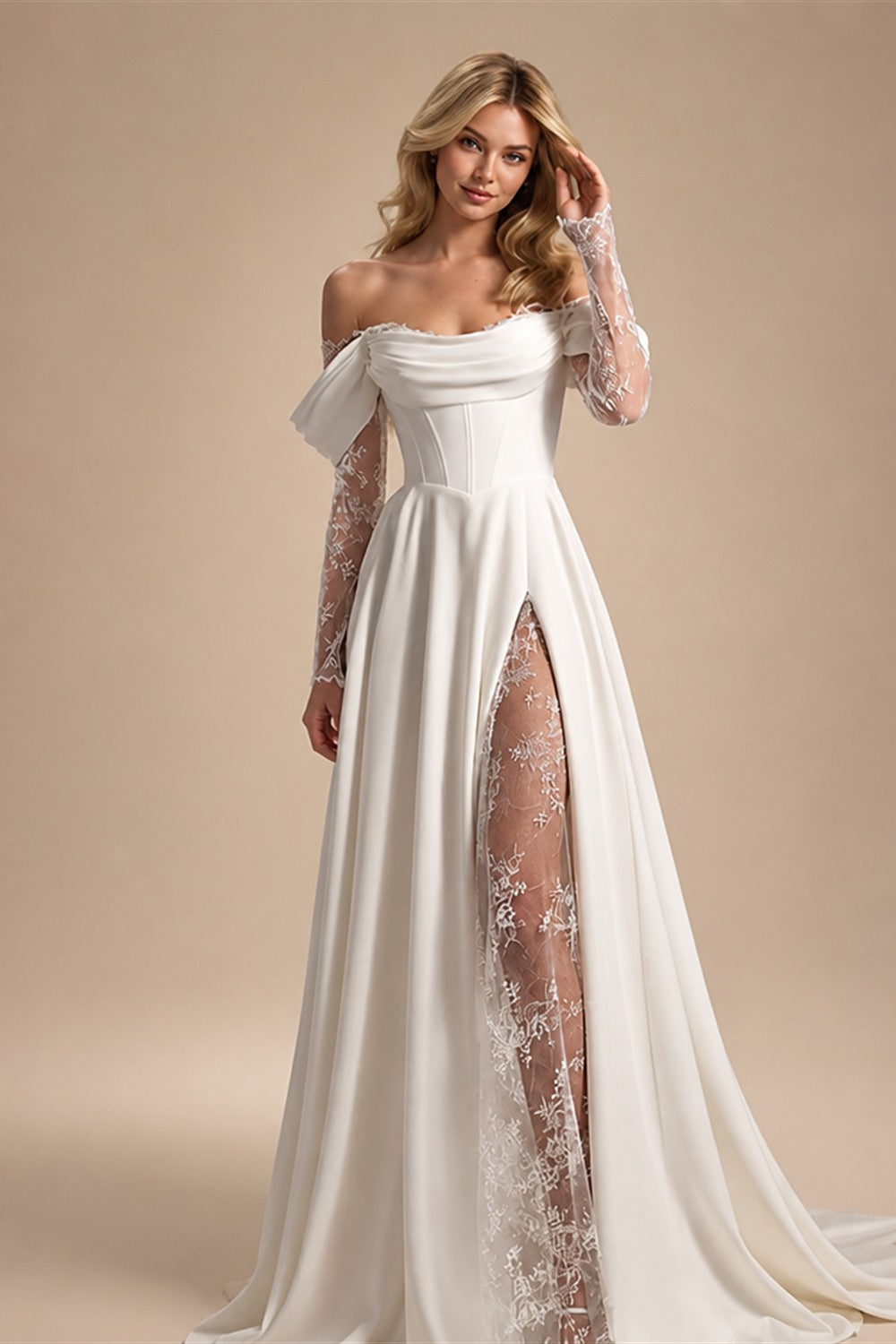 Customized Strapless Corset Designs 3/4 Lace Sleeve Wedding Dress A-Line Front Split Lace Up Bridal Gowns Vestidos De Novia
