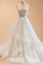 Modern V-neck Wedding Dress Bridal for Woman Tank Appliques A-line Ruched Court Train vestidos de novia de talla grande
