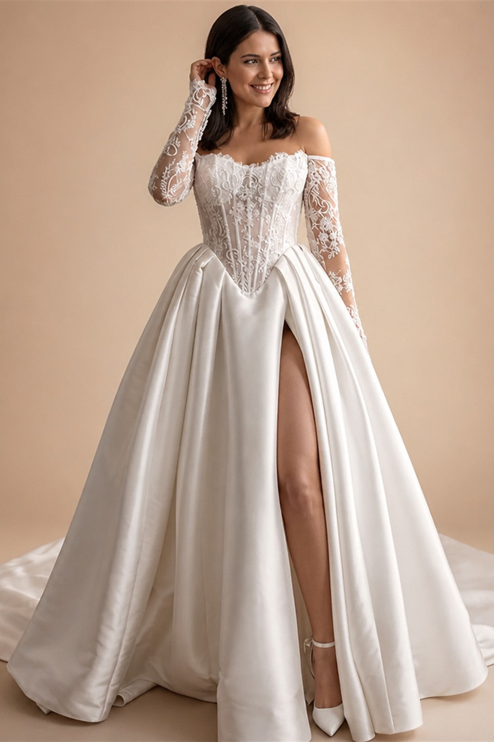 LORIE Lace Wedding Dress Sweetheart Split A-line Bride Gown Long Sleeve Customized Appiques Corset Bride Dress vestidos de novia
