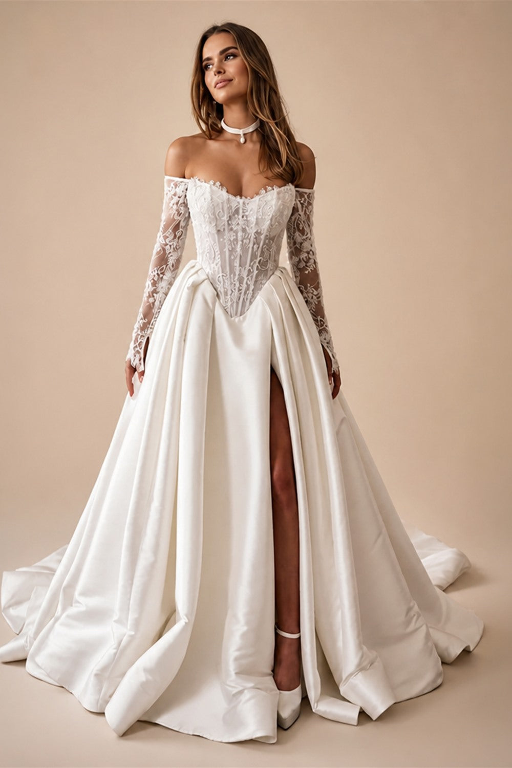 Customized Lace For Sweetheart And 3/4 Sleeve A-Line Satin Skirt Wedding Dress Backless Zipper Bridal Gown Robe De Mariée