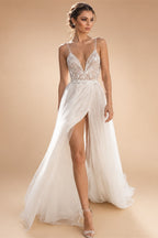 JEHETH Beautiful Applique A-Line Embroidered Yarn Halter Backless Wedding Dress Sexy V-Neck Floor-Length Slit 2024 Bridal Dress