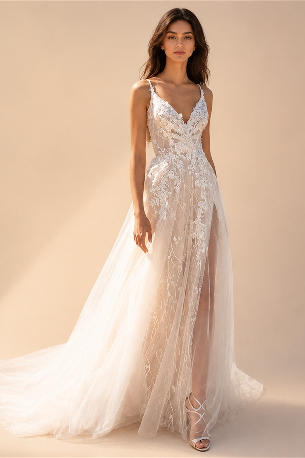 Boho Wedding Dress with slit Sexy Lace Appliques Backlesss Beach Bridals Dress Wedding Gowns Custom made vestido de novia
