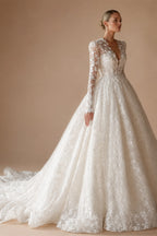 Luxury Lace Wedding Dress Vestido De Noiva Customized Long Sleeves V Neck Court Train A Line Bridal Gown Bride Dresses