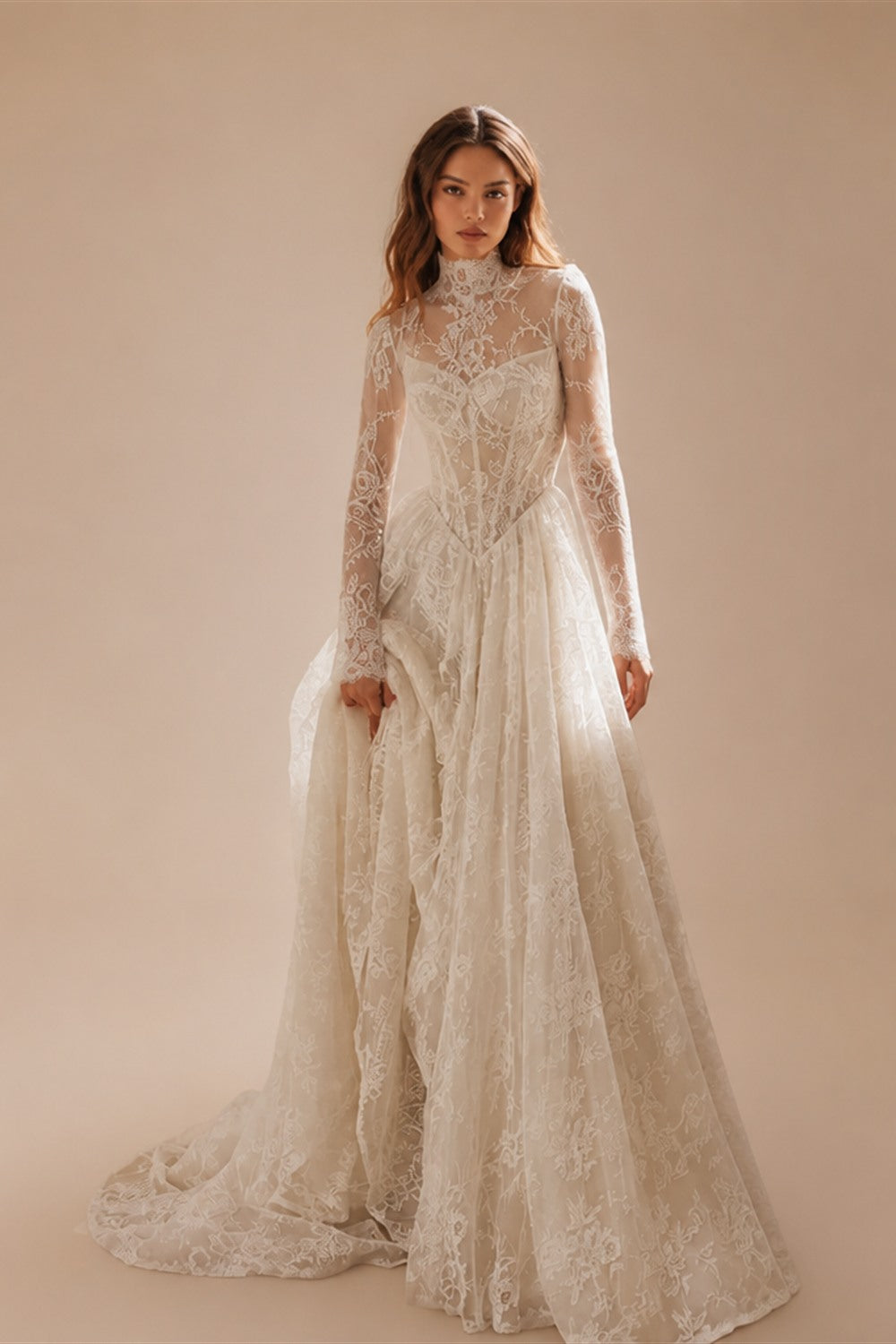 Sevintage Full Lace Ivory Wedding Dresses High Collar Long Sleeves Bridal Gowns Floor Length A-Line Wedding Gowns 2025 Customize