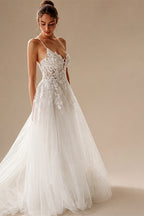 Sexy V-Neck Tulle Spaghetti Straps Outdoor Garden Wedding Dress Lace Appliques Beading Bridal Gowns A-Line Wedding Dresses