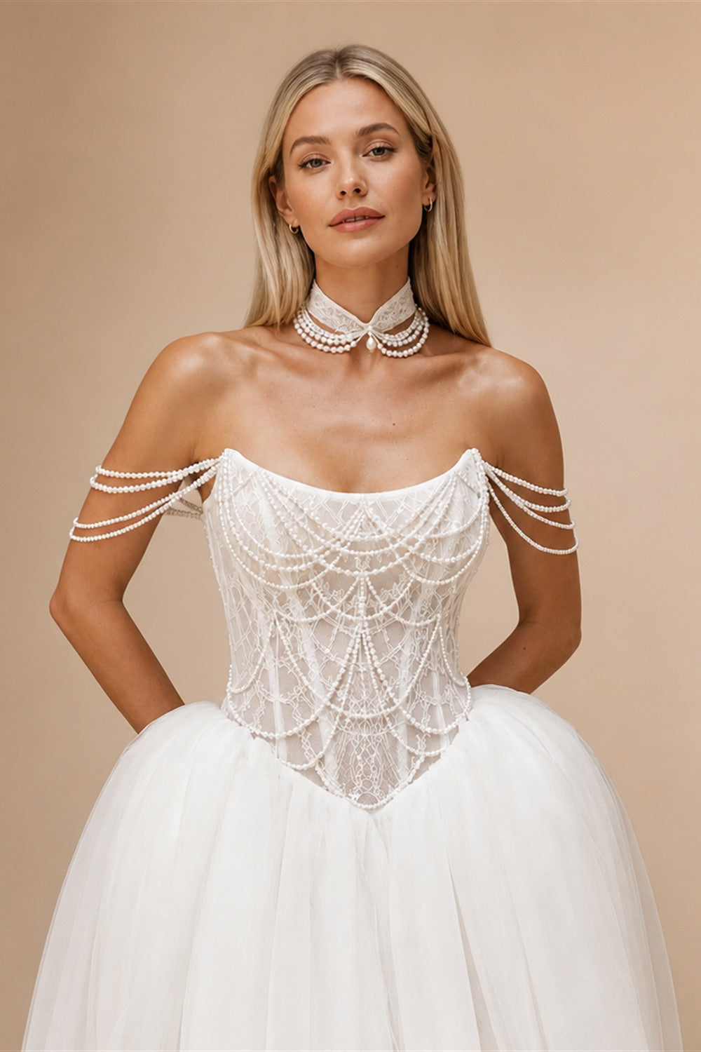 Kyoto Customized White Off-the-Shoulder Pearl Chain Wedding Dress A-Line Lace-Up vestidos de noche Court Train robe de mariée
