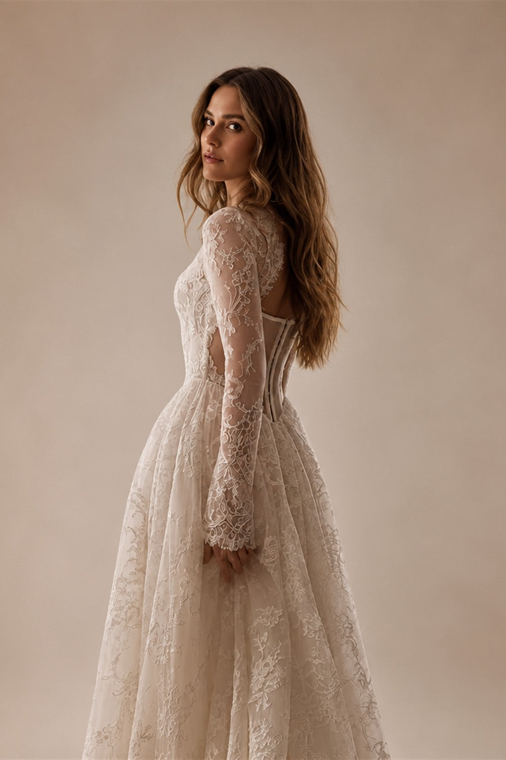 Sevintage Full Lace Ivory Wedding Dresses High Collar Long Sleeves Bridal Gowns Floor Length A-Line Wedding Gowns 2025 Customize
