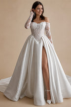 LORIE Lace Wedding Dress Sweetheart Split A-line Bride Gown Long Sleeve Customized Appiques Corset Bride Dress vestidos de novia